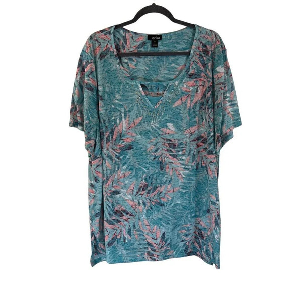 Erika Tropical Plus Size 3X Blouse Keyhole Studded Embellished Blue Pink Leaves - Picture 1 of 7